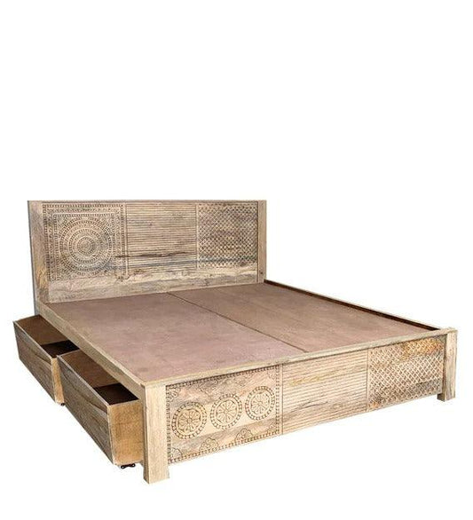 Ajisai King Size Carved Bed With Storage - Rathkaar.com