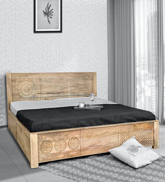 Ajisai King Size Carved Bed With Storage - Rathkaar.com